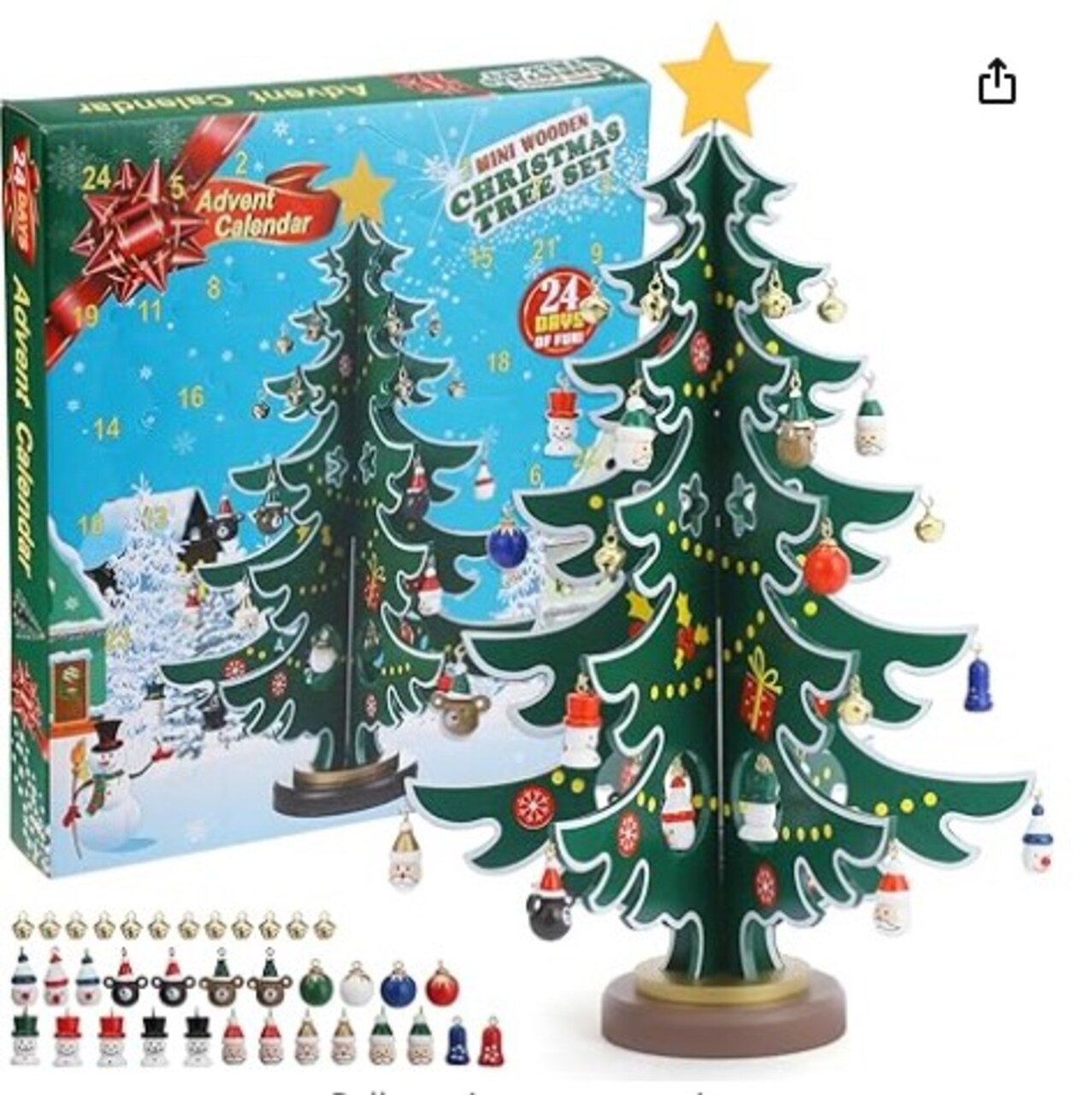 12" Wooden Tabletop Christmas Tree Advent Calendars with Santa, Snowman Miniature Ornaments for Christmas Decor, Xmas Gift